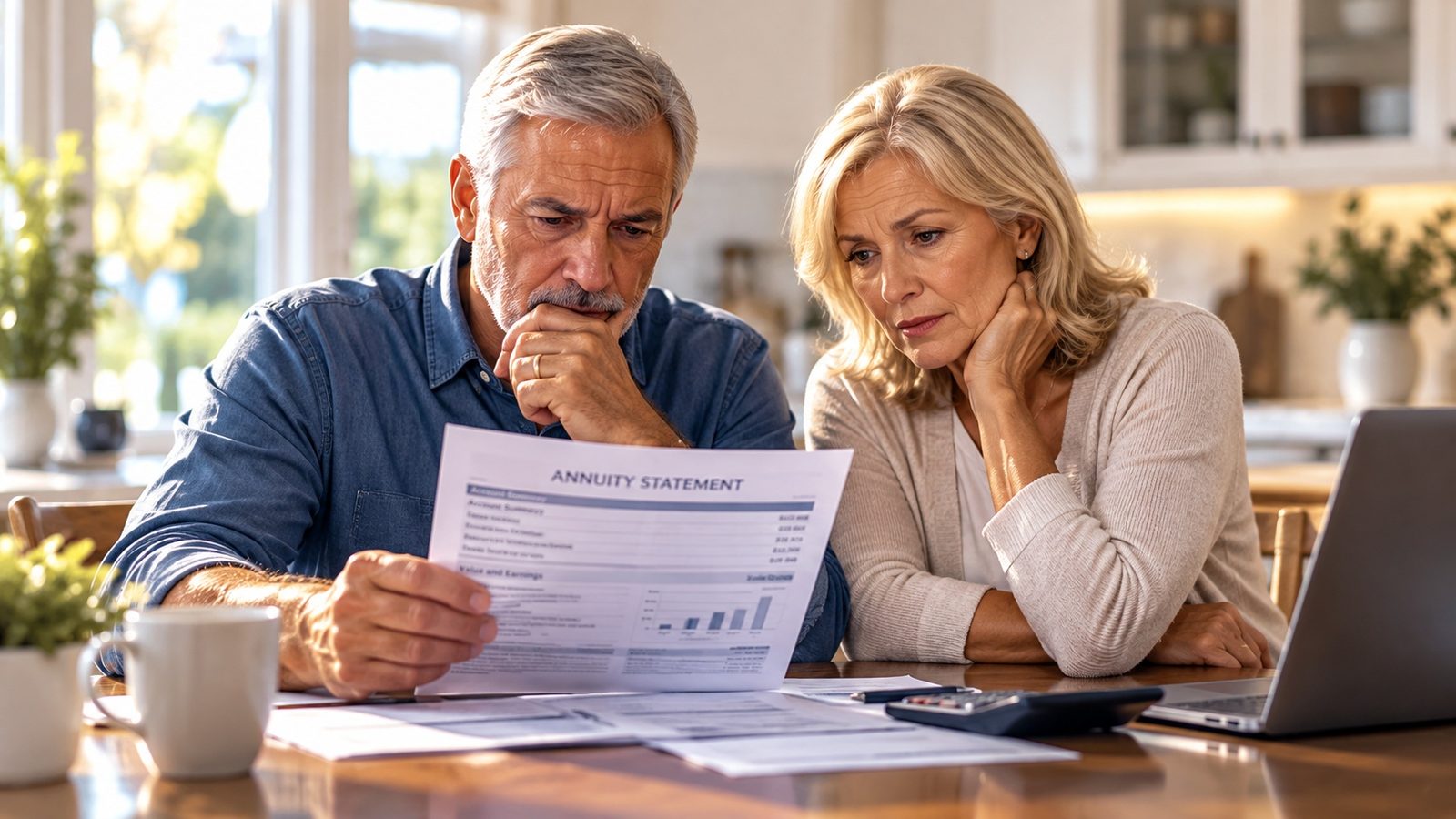 A married couple studying their annuity statement at the kitchen table