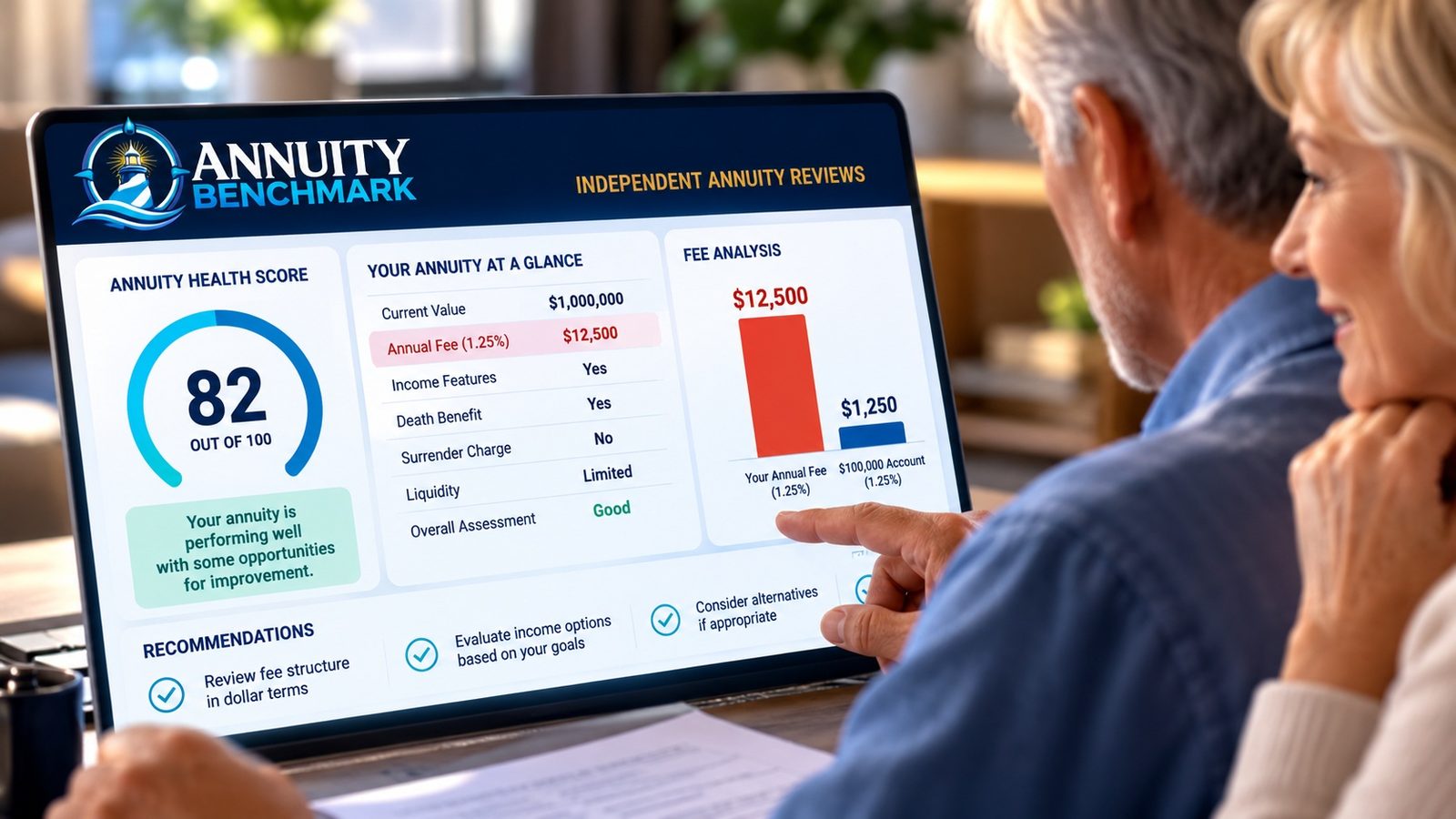 A client pointing to the fee analysis in an Annuity Benchmark report on a laptop